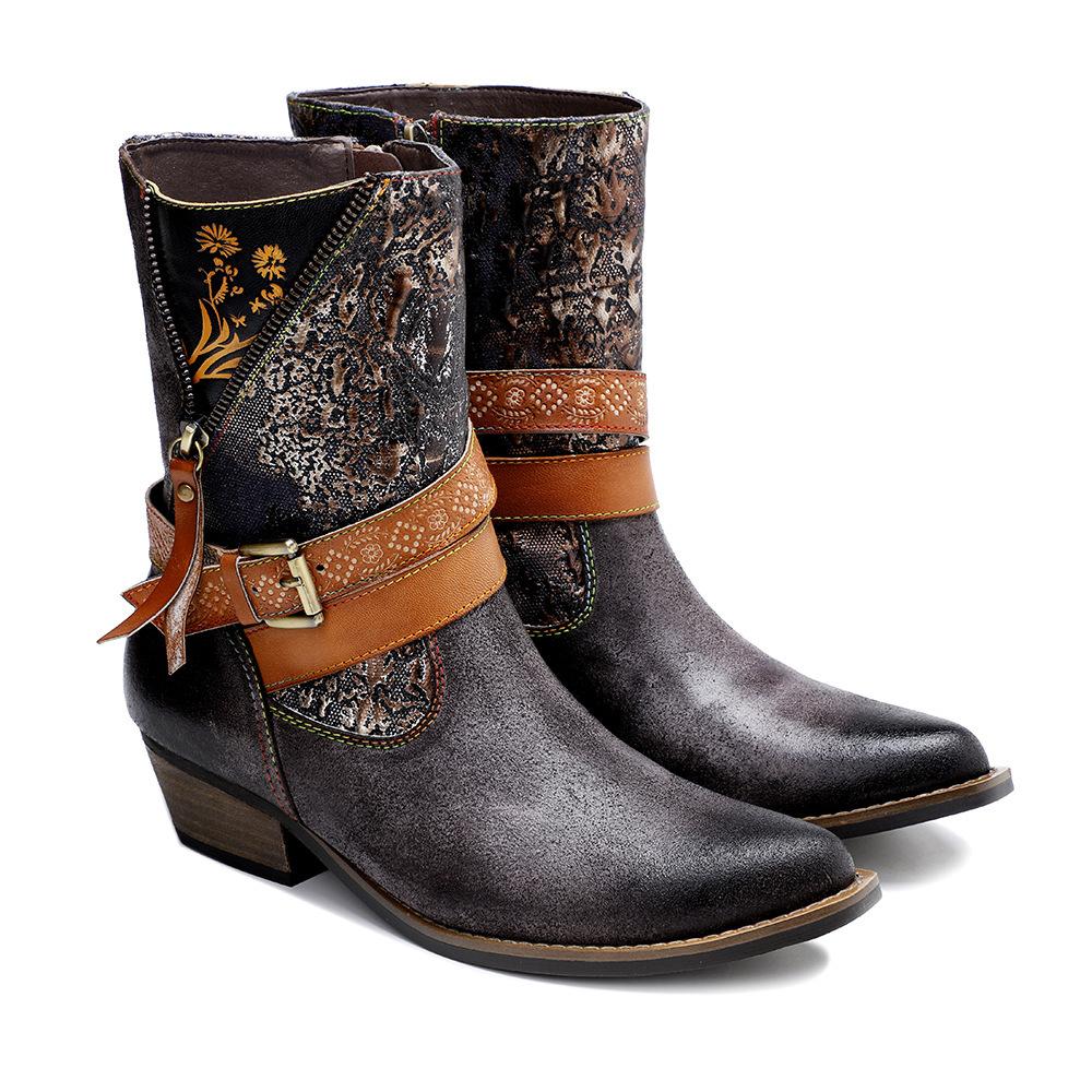 Pravá kůže Patchwork vysoké podpatky Retro reliéfní ručně malované lodičky Všestranná dámská obuv