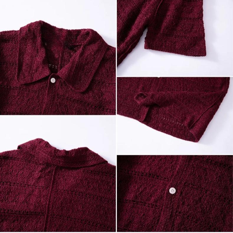 Men's Summer Short Sleeve Vintage Knitted Shirts Golf Beach Collared Shirts Tops Casual Button Down Crochet Hollow Out Beach Vacation Shirt for Male