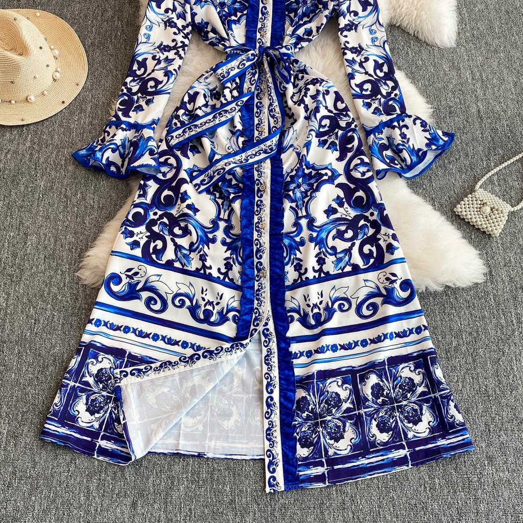 Jaro Podzim Runway Žlutá Červená Modrá a Bílá Porcelánový potisk Župan Dámské Rozevlátý Rukáv Šněrovací Pásek Maxi Společenské šaty