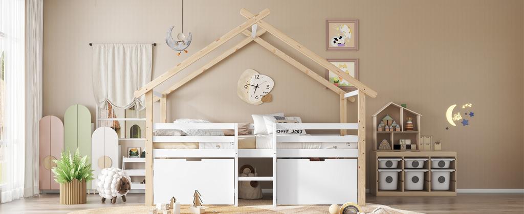 Kinderbett, Halbhochbett, Hausbett mit Dach, Vierseitiger Zaun, Mit Leiter, 2 Schränke mit Rollen, Kiefer+MDF, Weiß+Natur, 90x200cm