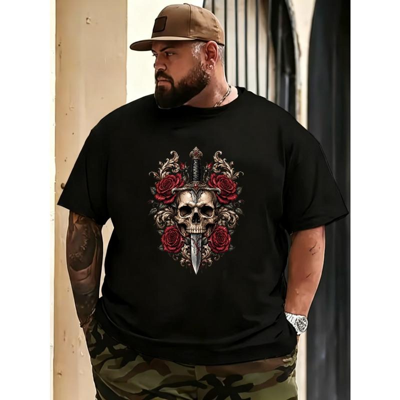 European Size Skull And Rose Sword Design Men'S T-Shirt Soft Breathable Solid Tee for Daily Wear Gothic Art Style Football Mood