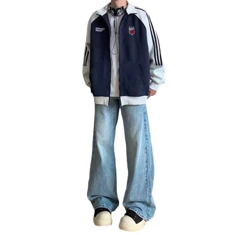 Mens Retro Varsity Jacket Color Block Loose Fit Casual Streetwear