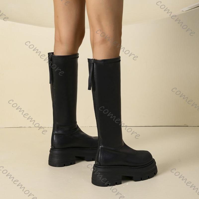 Comemore Kniehohe Stiefel für Damen Schwarz Plateau 2025 Herbst Neu Lange Ritterstiefel Klobige Hohe Absätze Botas Schuhe Damen