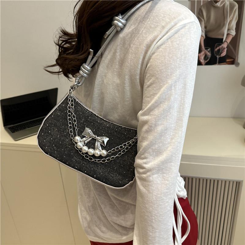 Metal Bow Women's PU Small Shoulder Bag Pearl Chain Sweet Cool Girls Underarm Bags Handbags Portable Female Messenger Bag