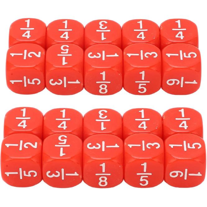 Fraction Dice, 20Pcs Multi Faceted Math Fraction Dices Fraction Dice Class Set Table Game Accessories for Kids Math Practice (Red)