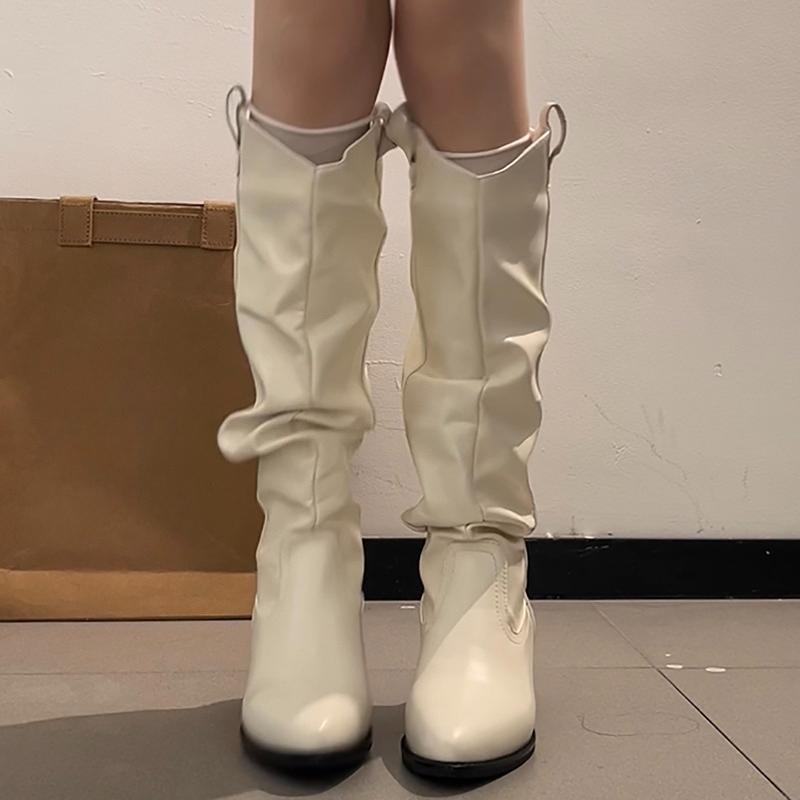 Winter Cosy Soft Leather Pleated Women Western Cowboy Boots Fashion Thick Heels Party Shoes British Style Long Booties Shoes