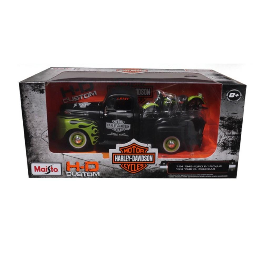 Maisto 1:24 Harley-Davidson Pickup Truck & Motorcycle Diecast Model Set, Green Black, 1 Set