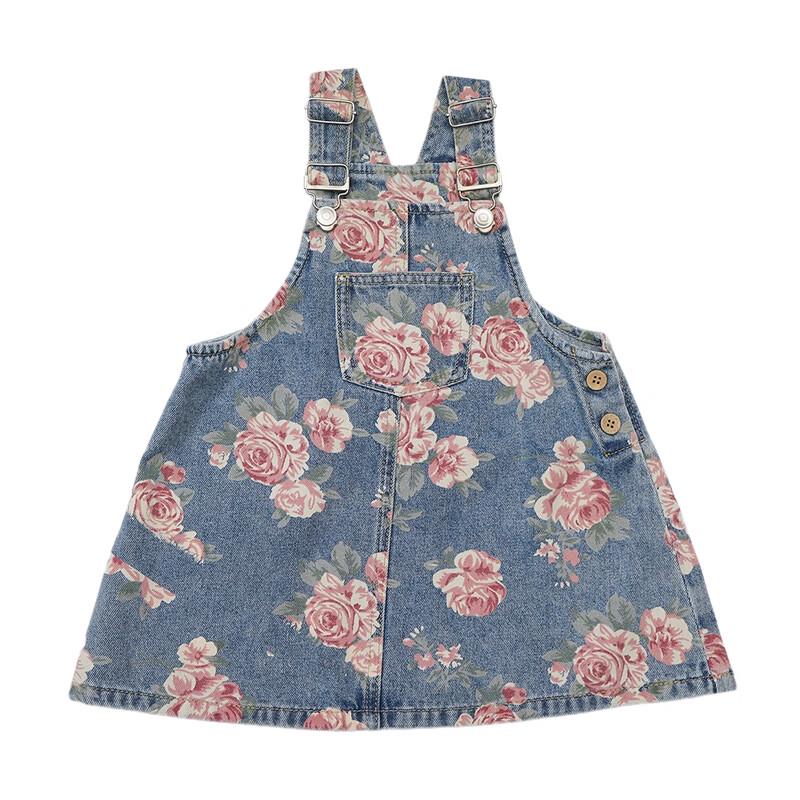 LELE JOVE Mädchen Latzhose Kleid mit handgemaltem Rosenmuster aus Denim