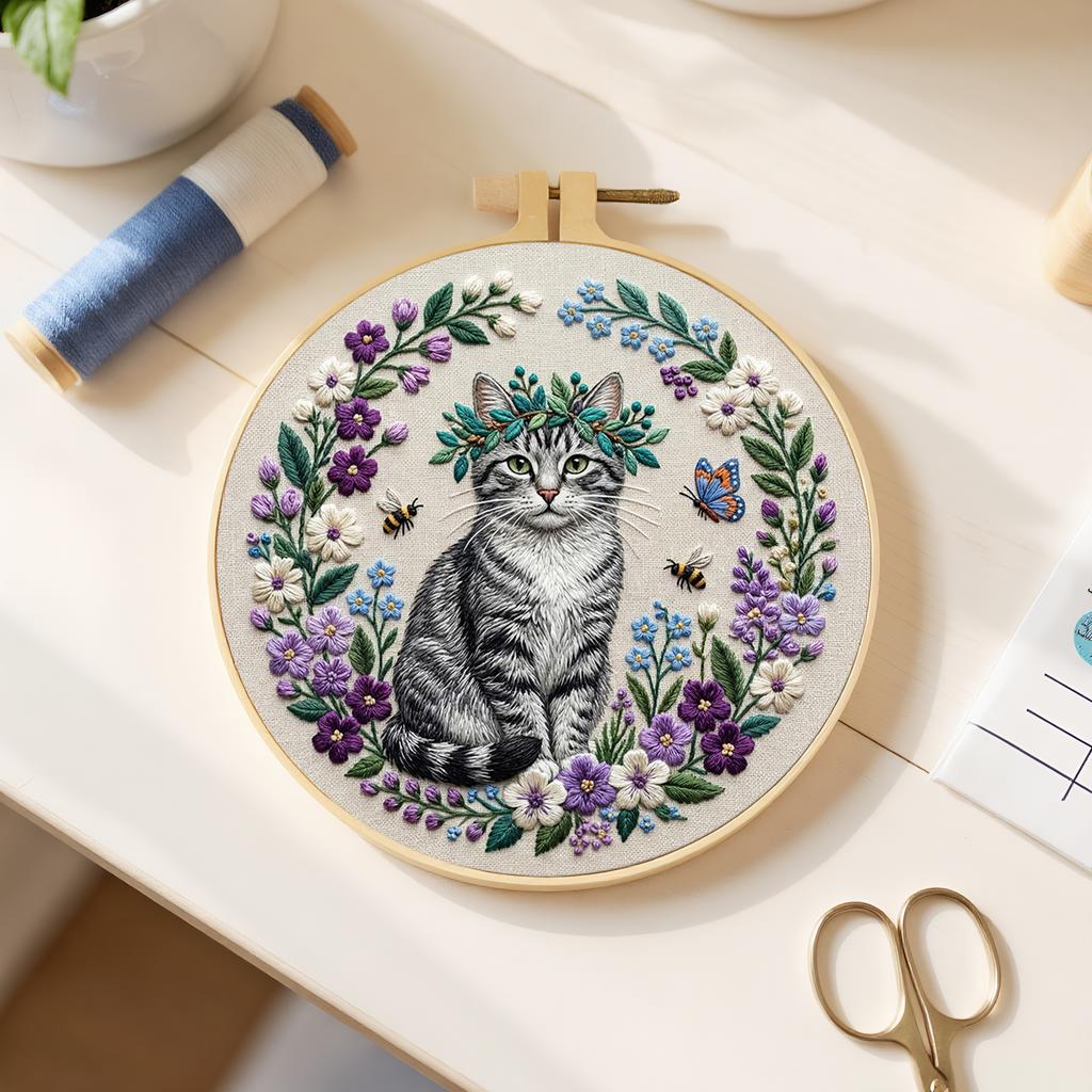 Cat DIY Stamped Embroidery Stitches Practice Kit with Embroidery Hoop 30x30cm for Beginners