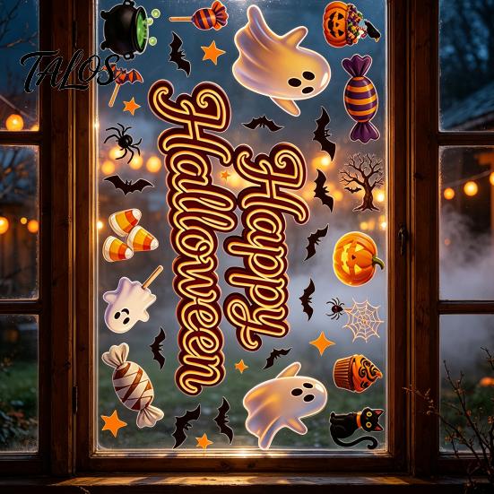 PVC Elektrostatische Stickers Halloween Statische Raamstickers, Glas met Spook Kat Vleermuis Winkel Displays Patronen, Herbruikbare Feeststickers voor Ramen Feest