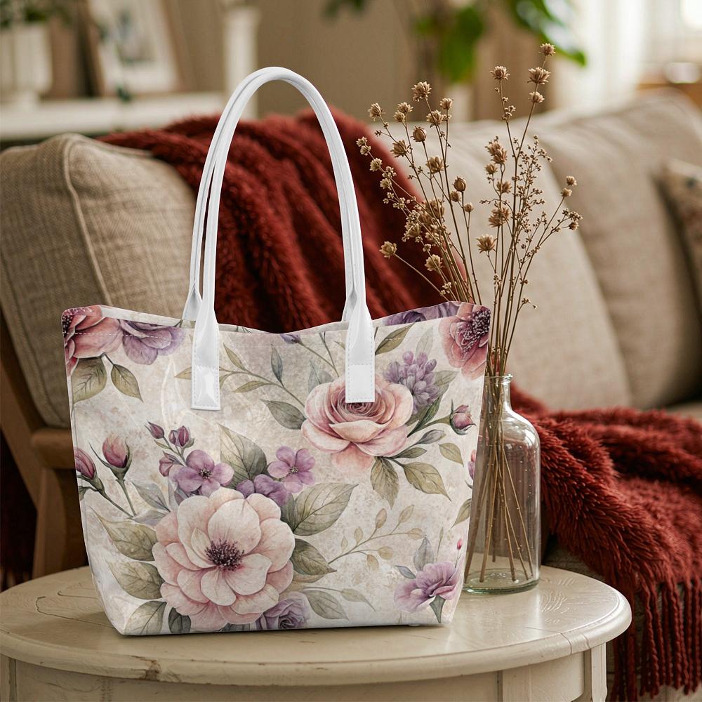 Elegant Floral Print Tote Bag for Women Casual Daily Shoulder Bag Lightweight Shopping Handbag 
