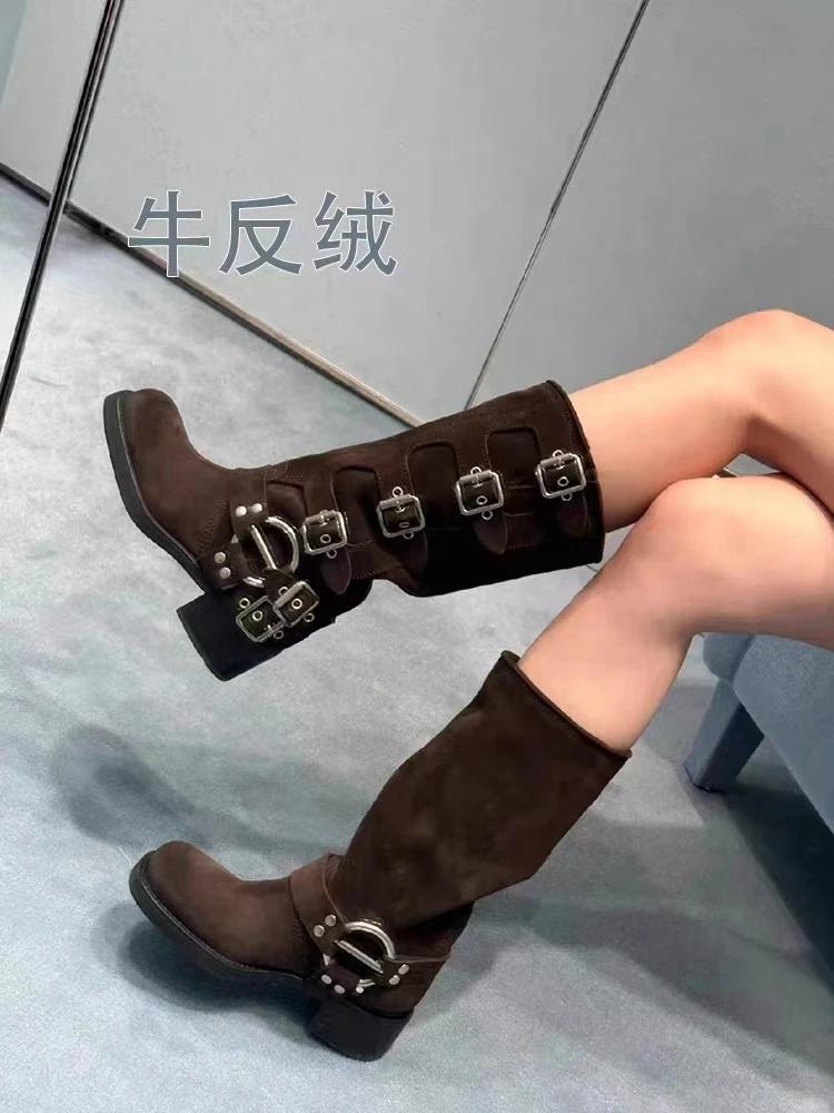 Fashion Luxury Women's Shoes High Quality Chunky Heel Buckle Vintage Motorcycle Boots Knee High Boots for Women Handmade Platform Boots