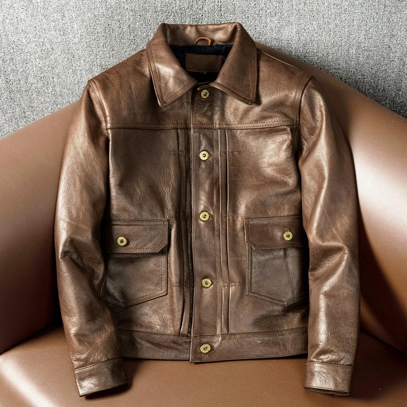

Новая куртка из вощеной натуральной кожи, мужское короткое джинсовое пальто, воротник из искусственного меха, винтажный стиль 5XL темно-коричневого