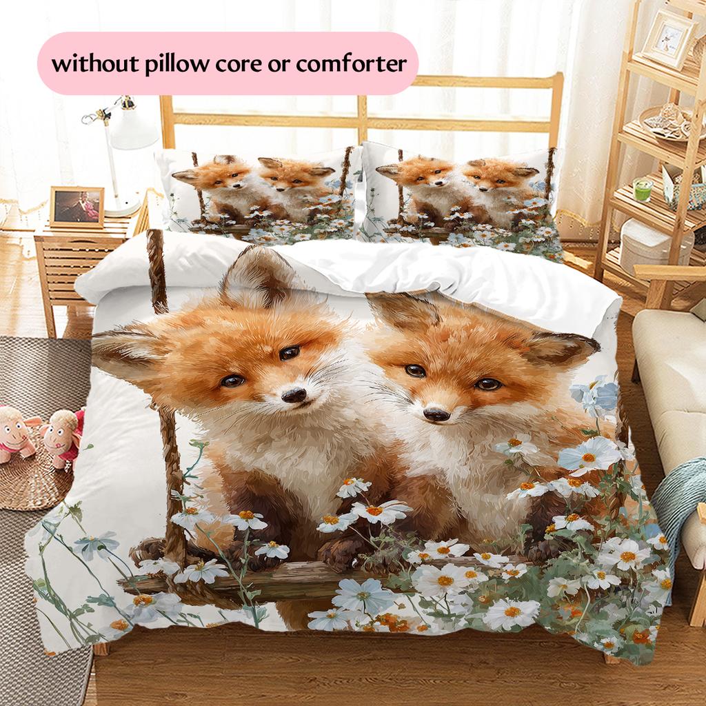 Biancheria da letto con motivo volpi e fiori Decorazione per la casa Regalo di compleanno (1 * copripiumino + 2 * federa, senza nucleo)