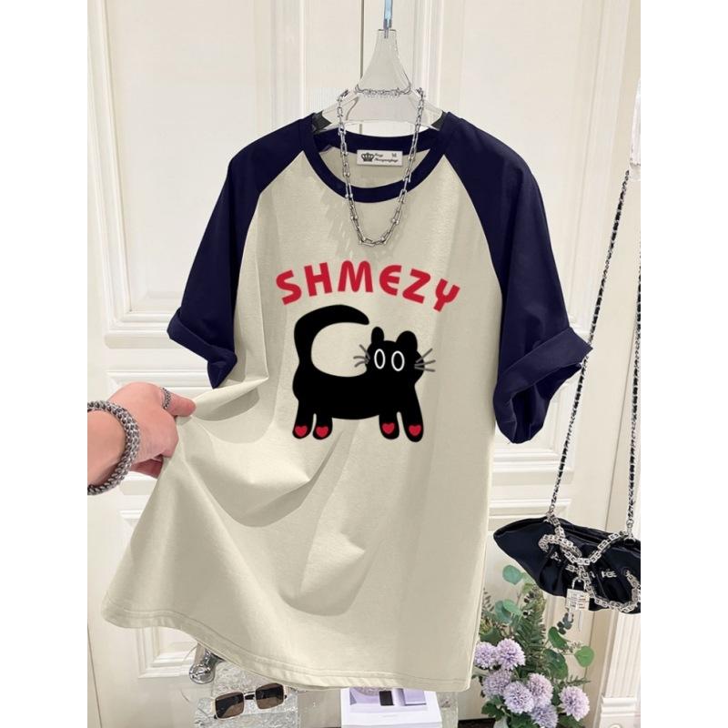 Nova T-shirt de Verão Versão Coreana Gato Desenho Animado Amor Versão Grande Solta Cor Contrastante Manga Raglan Manga Curta para Mulheres