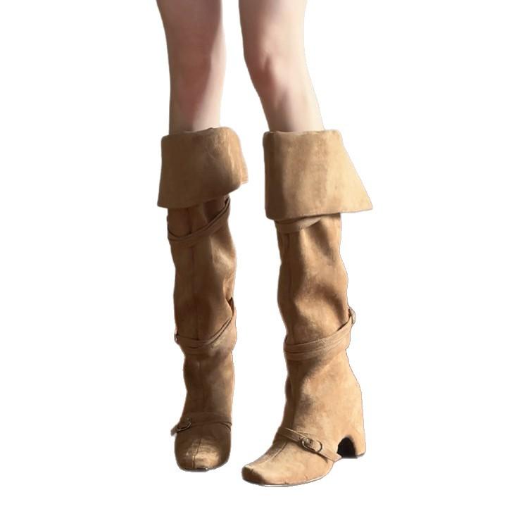 Retro Spice Girls Square Head Versatile Thick Heel Boots 2025 New Two Wear Fold Over Knee Belt Buckle Pile Boots