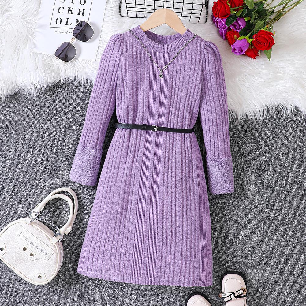 Odzież Dziecięca Nowa Jesień Zima Dziewczęca Patchworkowa Pluszowa Sukienka z Paskiem