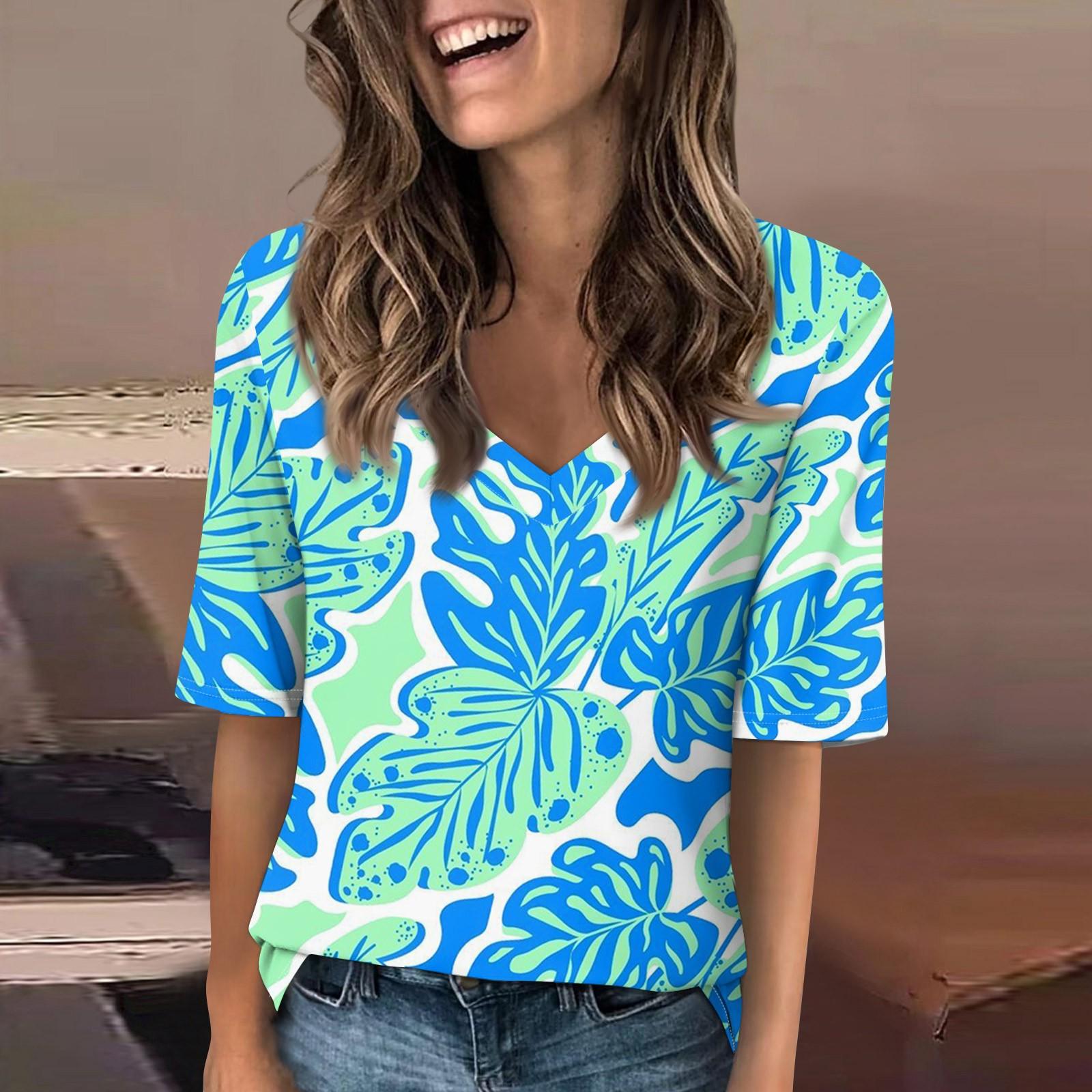 

Женская повседневная футболка с короткими рукавами и v-образным вырезом с принтом и четвертьрукавами, топ L синий