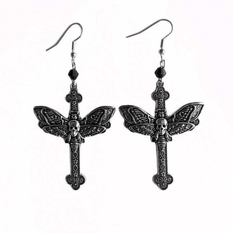 Dark Punk Gothic Moth Cross Earrings: European & American New Exaggerated Design