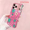 2DFlat electroplated tempered glass phone case,Pink Background with Teal,and Peach Flowers,suitable for iPhone 18 Pro Max 17 16 15 14 13 12 11