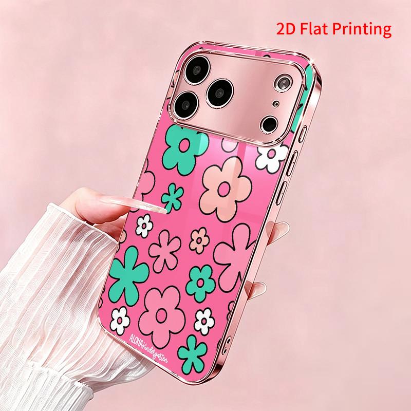 2DFlat electroplated tempered glass phone case,Pink Background with Teal,and Peach Flowers,suitable for iPhone 18 Pro Max 17 16 15 14 13 12 11