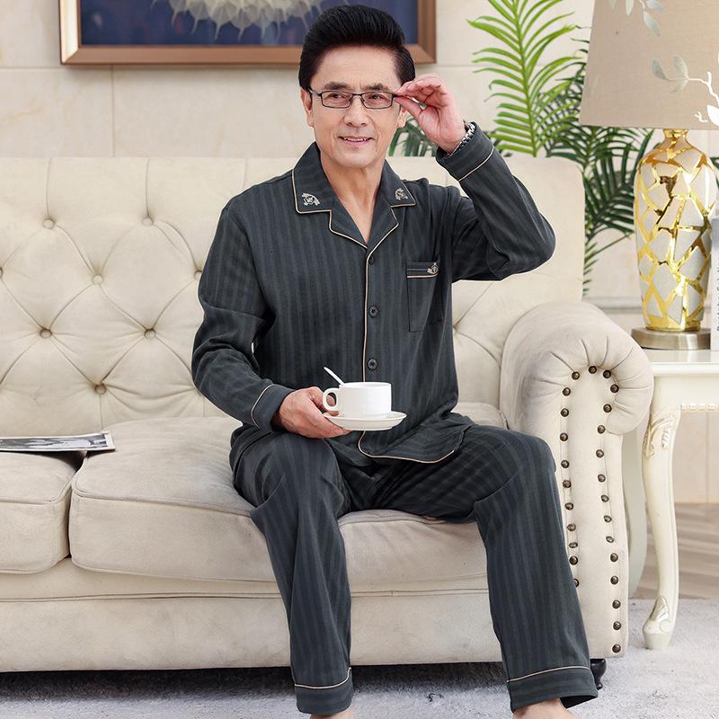 Men's Plus Size Cotton Pajama Set - Long-Sleeved, Ideal for Middle-Aged & Elderly, Spring to Winter Wear