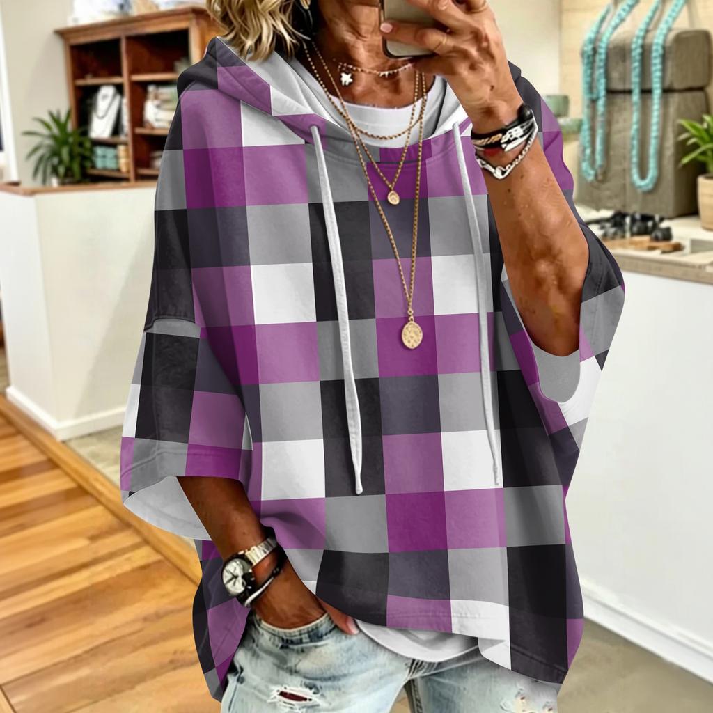 Women's Drawstring Hooded Sweatshirt with Retro Plaid Print Loose Fit Casual Top
