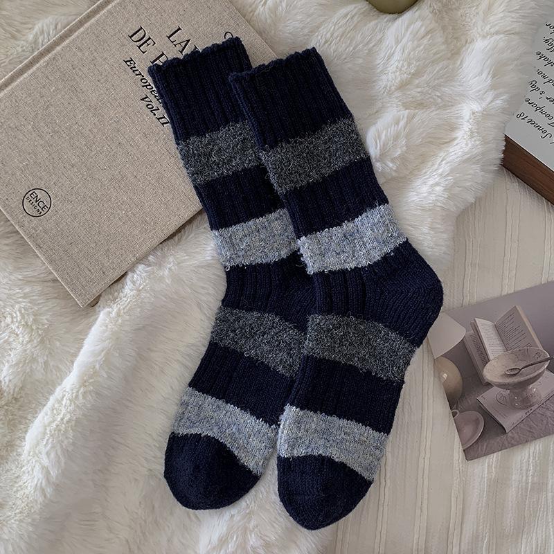 Contrasting Wool Socks Children'S Stacking Socks Seasonal Fleece Thickened Warm Color Matching Flocking Striped Cashmere Medium Tube Socks