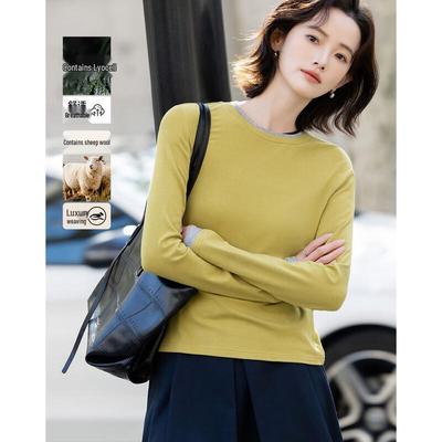 Demana Women's Tencel Wool Blend Color Block Long Sleeve T-shirt