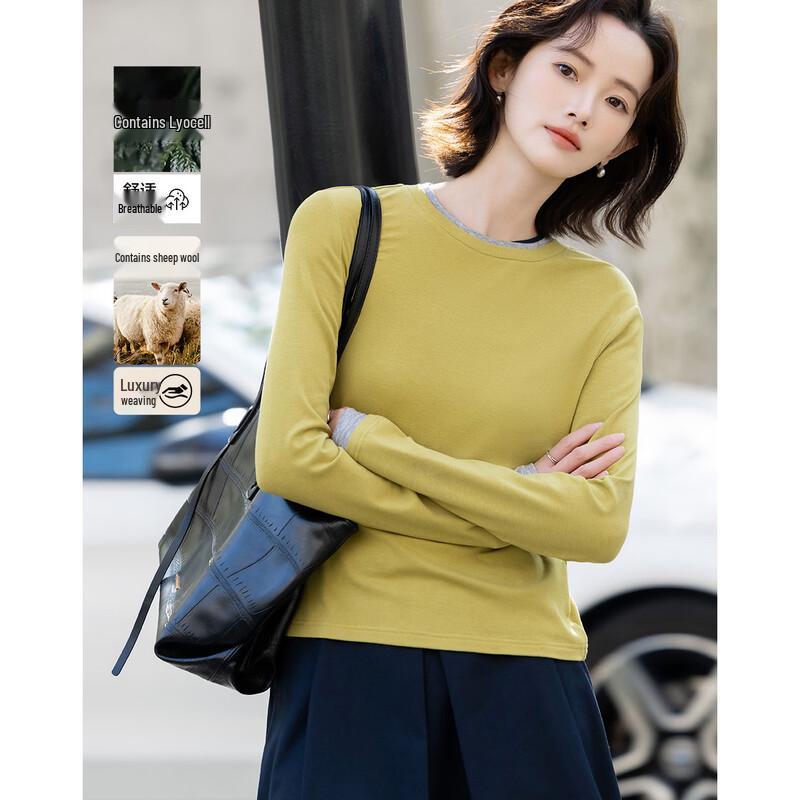 Demana Women s Tencel Wool Blend Color Block Long Sleeve T-shirt XL