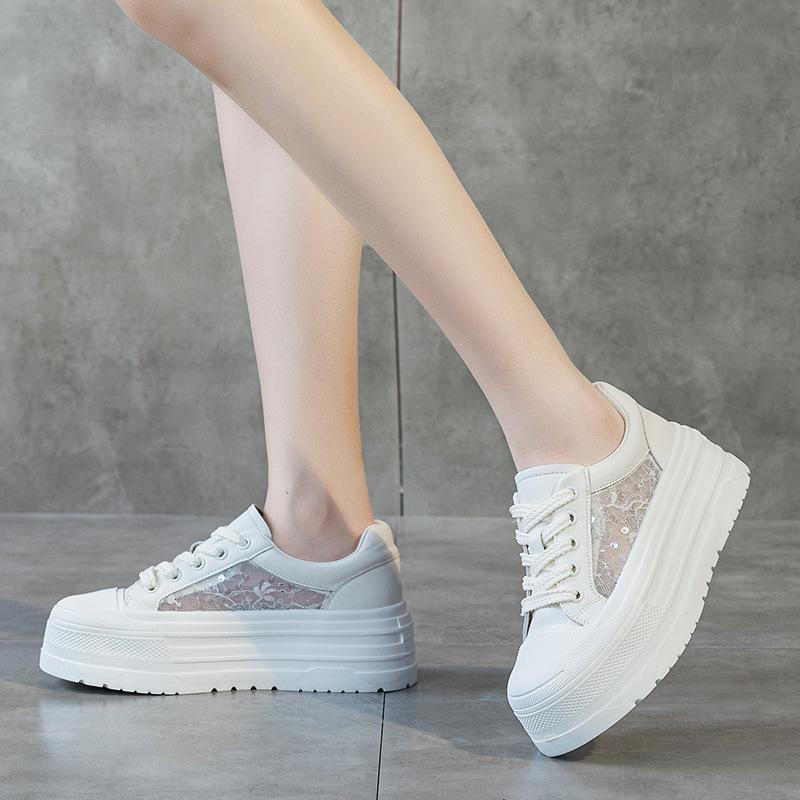 2025 Summer New Thick Baseplate Shoes Women's Fashion Lace Mesh Versatile Temperament Little White Shoes Breathable