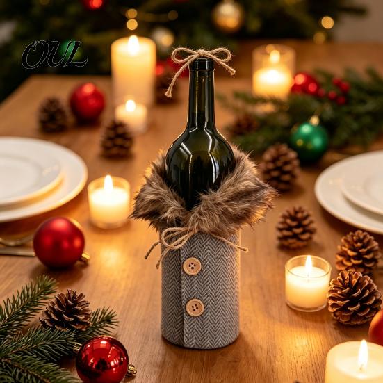 Holiday Party Table Decorations Christmas Sweater Wine Bottle Cover, Faux Fur Collar And Button Festive Cover for Home Coat Design Plaid Clothes