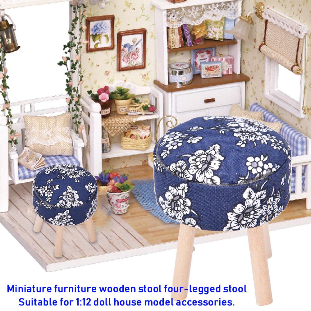 1:12 Doll House Accessories Dollhouse Miniature Furniture Cloth Wood Four Legged Stool(Dark Blue )