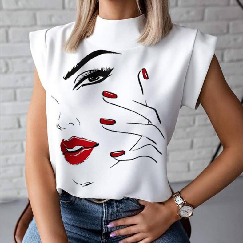 Summer Lips Print Stand Collar Ladies' Short-Sleeve Pullover Shirt