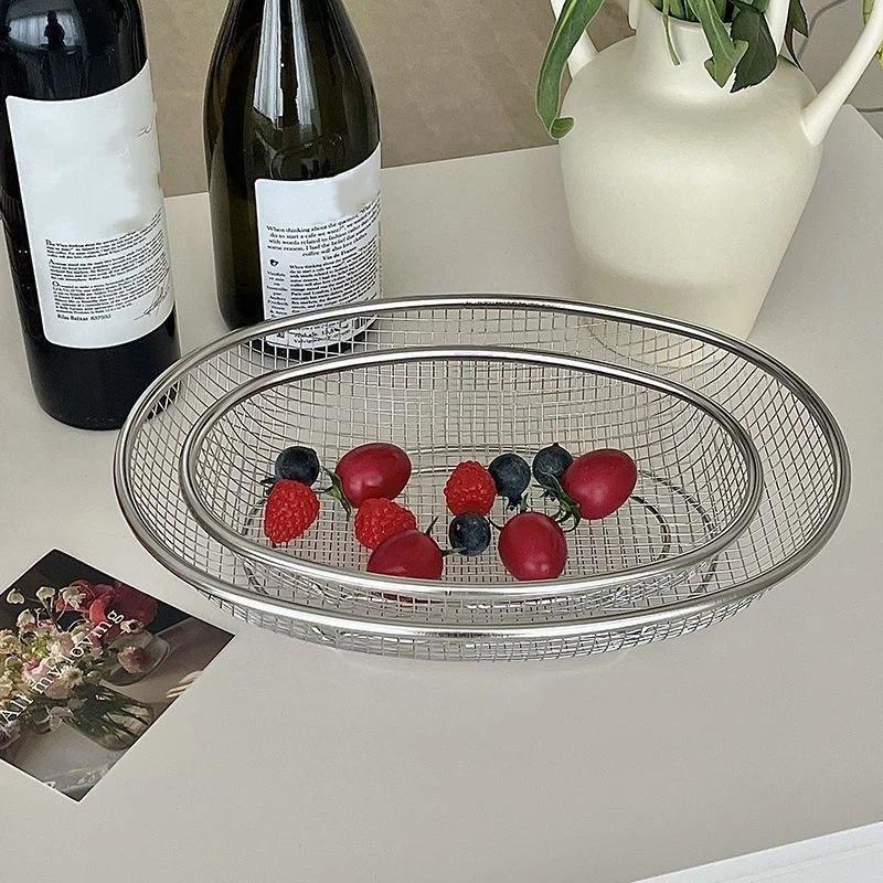 Stainless Steel Fruit And Vegetable Basket Oval Drainage Basket Mesh Frame Mesh Screen Kitchen Washing Basket Storage Basket