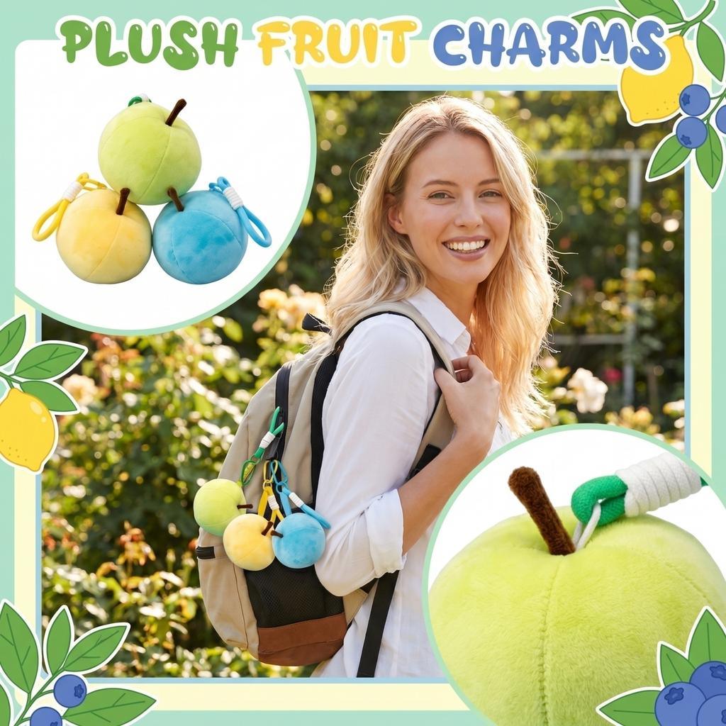 Plush Apple Keychain Soft Stuffed Toy Pendant Cartoon Fruit Shape Hanging Accessory for Bags Backpacks and Keys