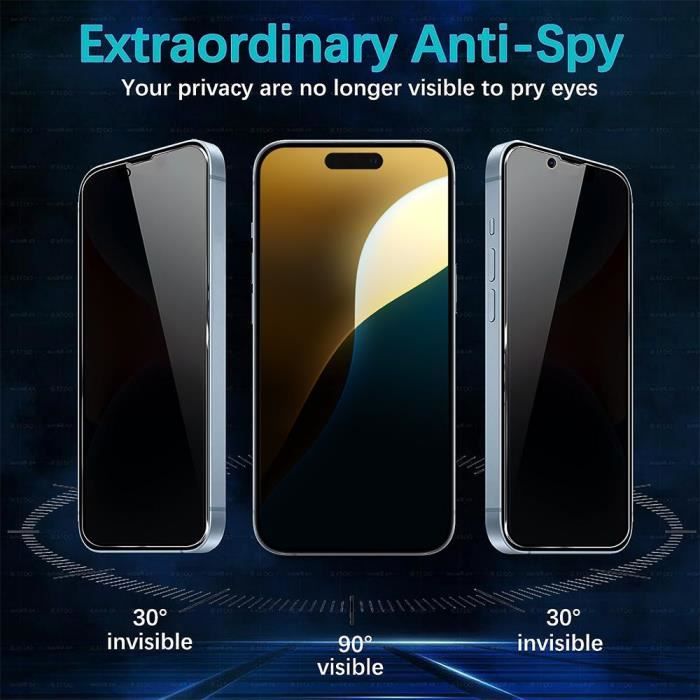 Protecteur d'écran - Lot de 4 - iPhone 16 Pro Max - Verre trempé - Anti-espion - Noir
