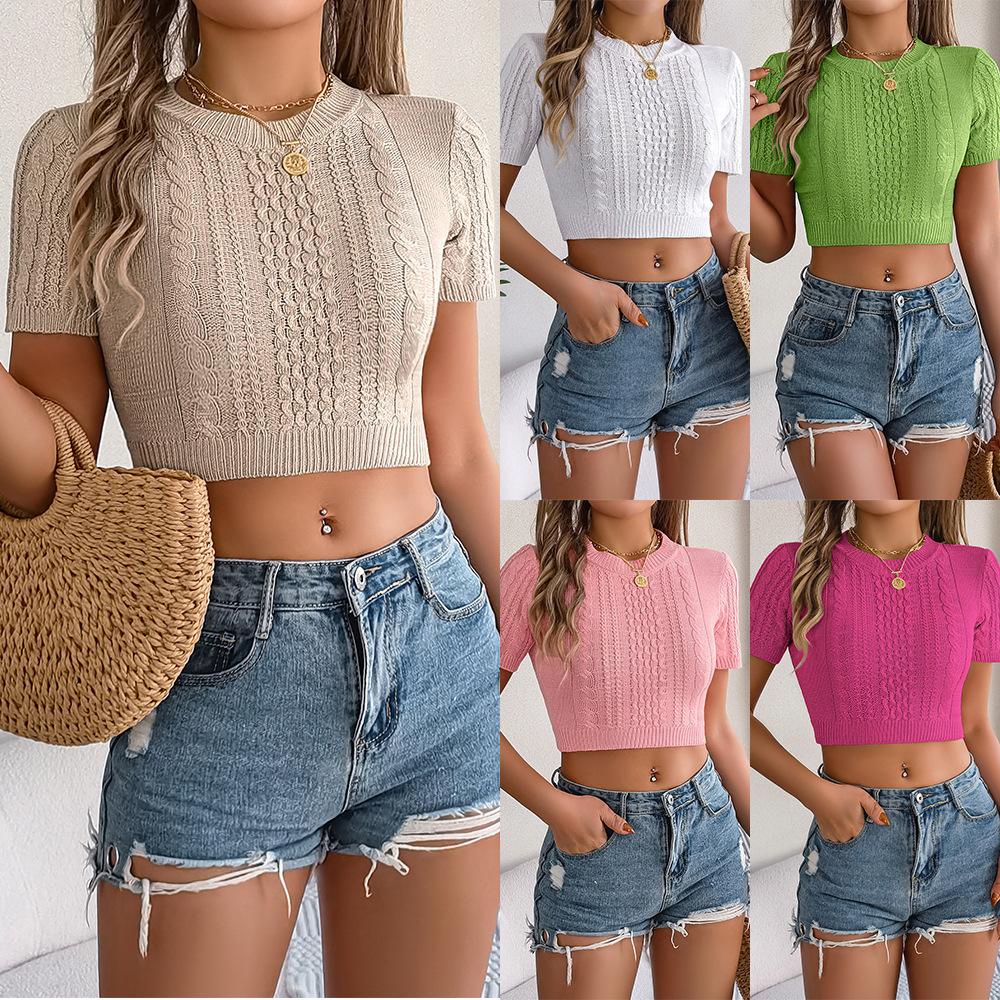 Spring Summer Women's Casual Twist Short Sleeve Holiday Short Cord Knitwear