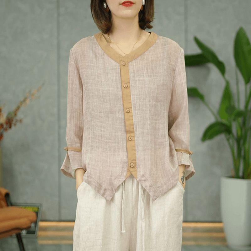 Retro Shirt Women's Cotton Linen Shirts Summer Loose Slimming Top Linen Small Shirt Large Size Thin Blouse