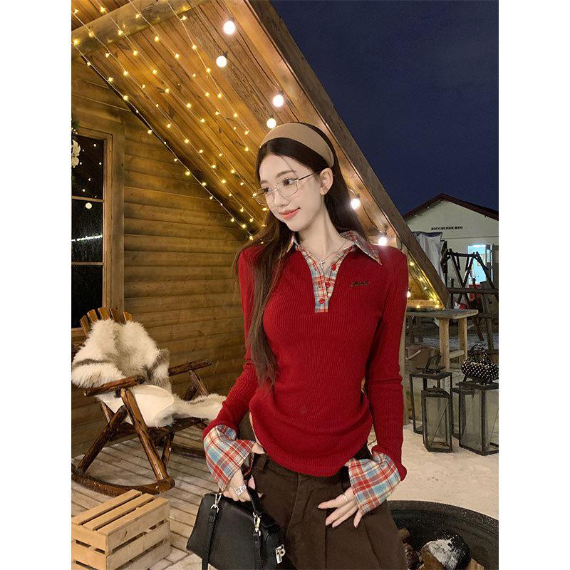 2025 Women's Autumn Two-Piece Plaid Polo Collar Long Sleeve T-Shirt