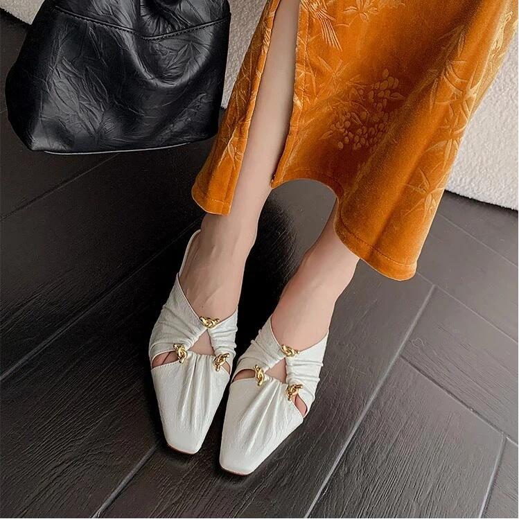 Baotou Cool Slippers Spring And Summer Triangular Buckle Hollow Thick Heel Wrinkled M Ü Ller Shoes For Women