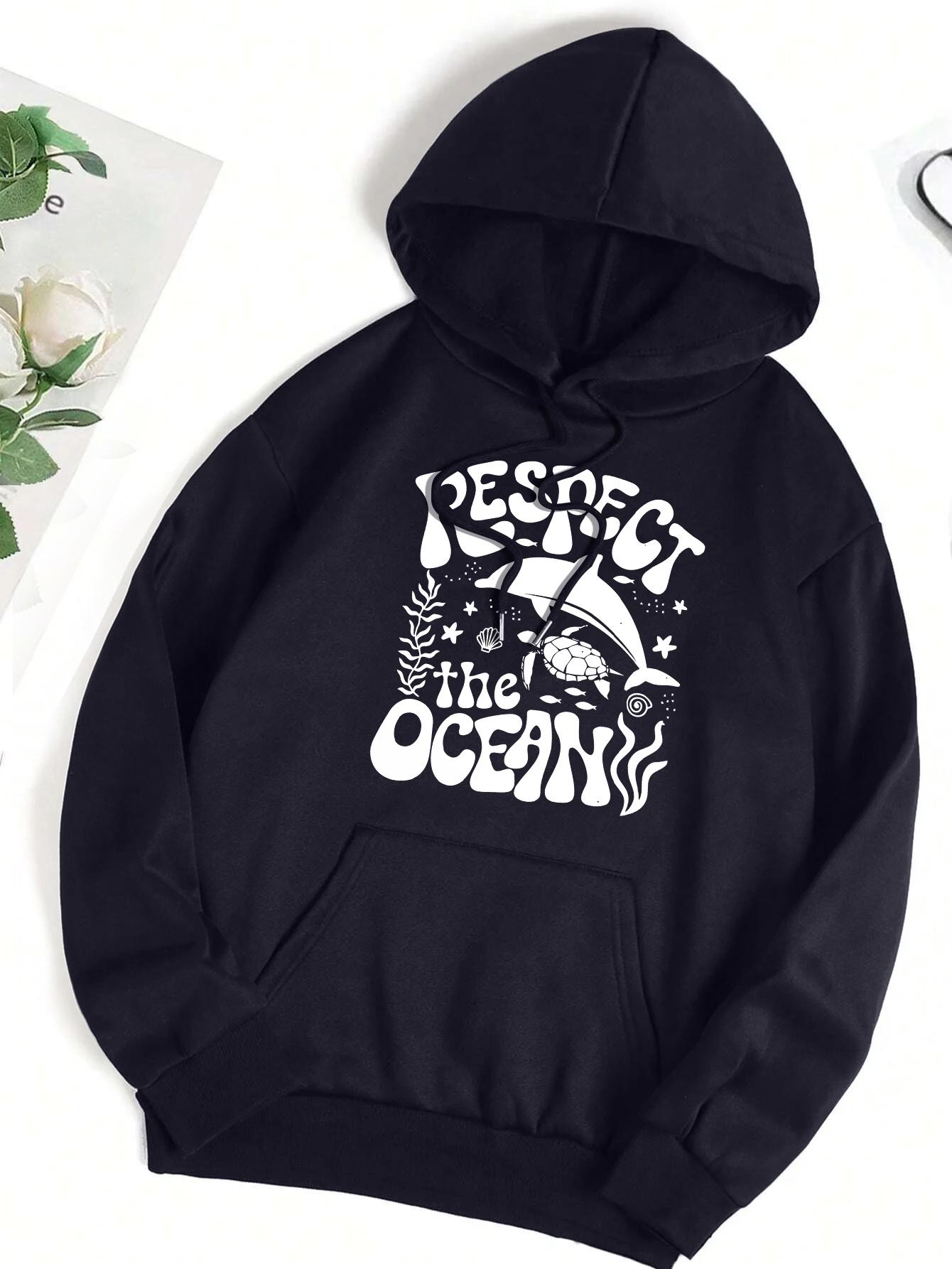 

Respect The Ocean Shark Turtle Print Women Hoodie Pocket Hip Hop Hoody Multicolor Casual Pullovers Autumn Fleece Streetwear 3XL