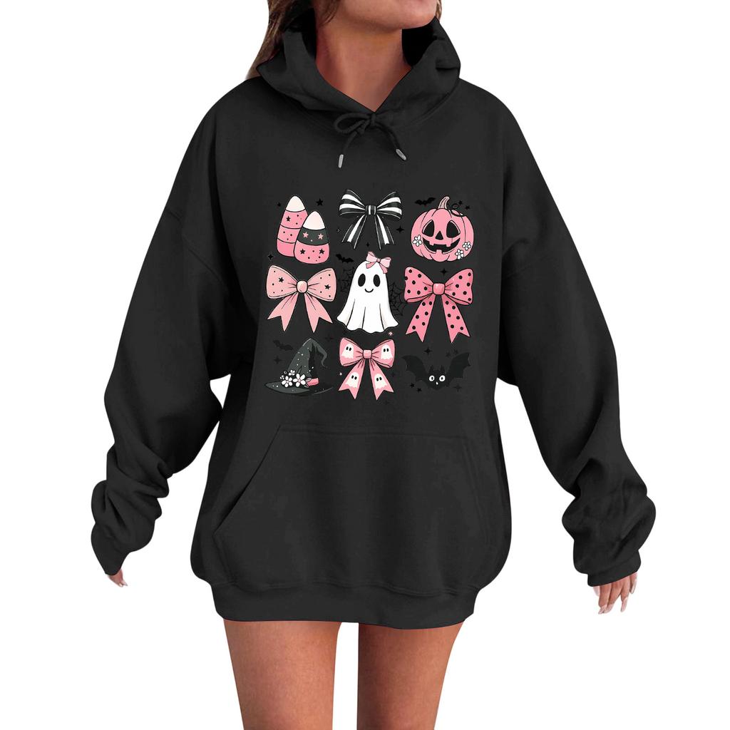 Women's Casual Fashion Comfortable Round Neck With Hood Long Sleeve Halloween Print Warm Sweatshirt