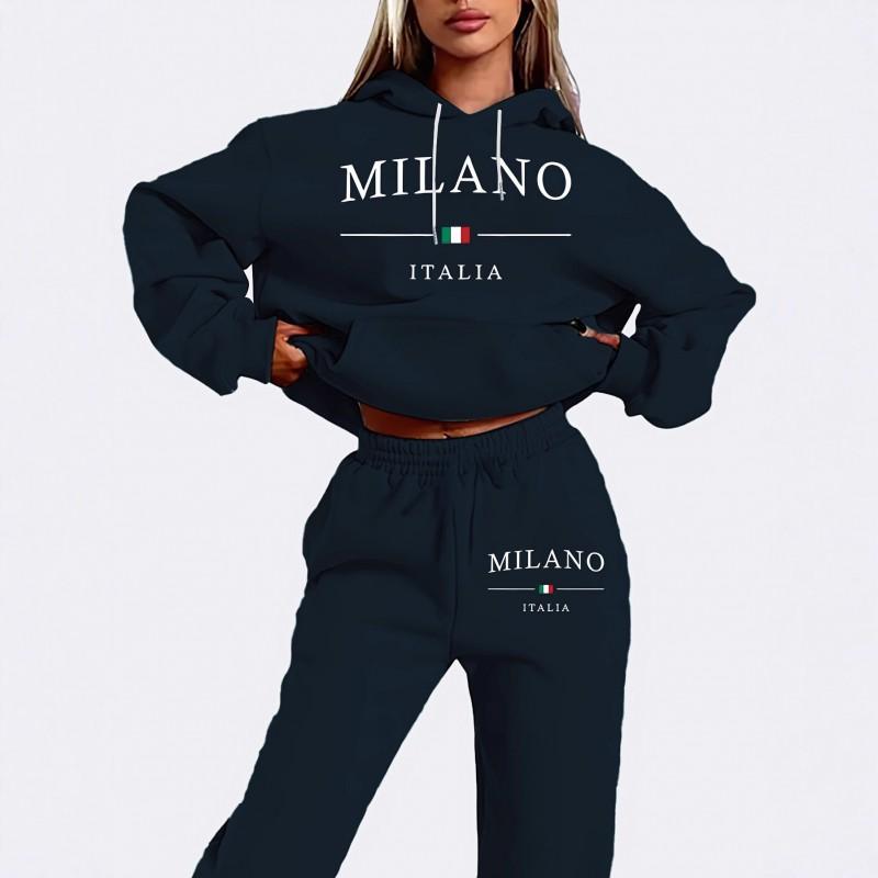 Womens Casual Hoodie Set Long Sleeve Sportswear Street Style Printed Loungewear