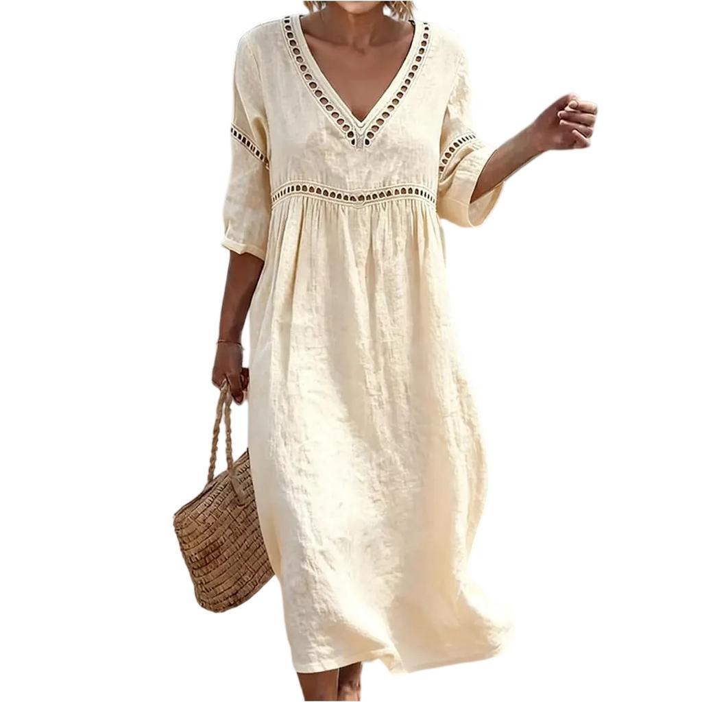 Women's Fashionable Casual V-Neck -Color Beach Dress: Loose-Fitting Openwork Dress