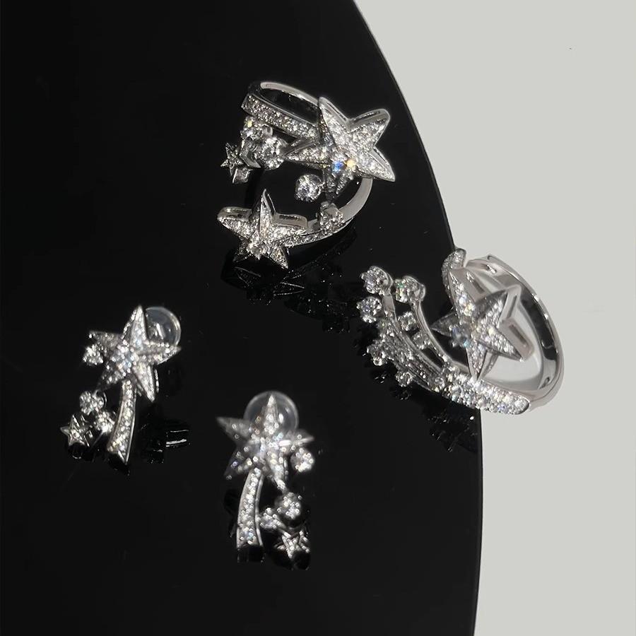 Unique Copper Star Shaped Open Ring With Full Rhinestone Meteor Earrings For Fashion