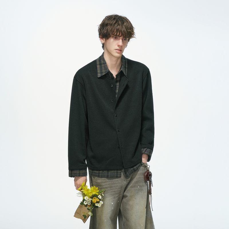 

Dream Made Old Money Style Fake Two-Piece Plaid Long-Sleeve Shirt for Men, Autumn and Winter Inner Wear, Men s Knitted Shirt Black XL