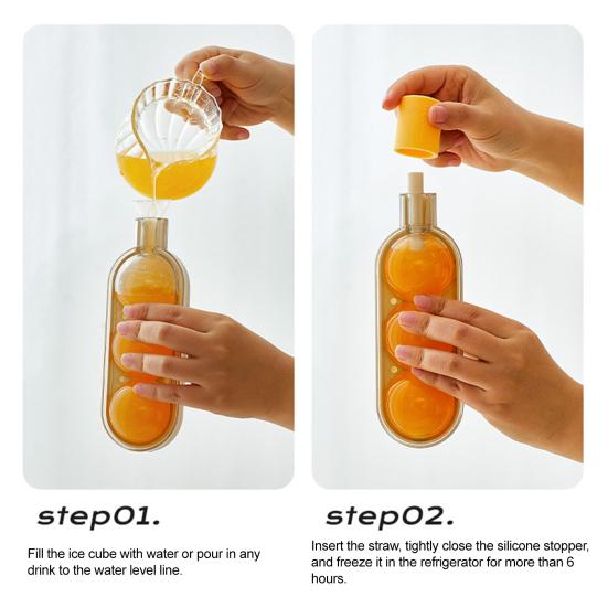 2Pcs 2-in-1 Silicone Popsicle Mold with Straw Quick Freezing Triple Balls Ice Ball Maker BPA-Free Summer Cool Water Drinks Bottle Ice Tray for Yogurt