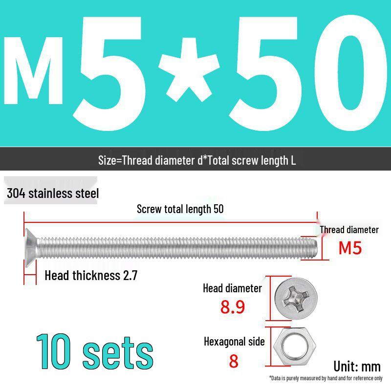 304 Stainless Steel Extra Long Phillips Flat Head Screws and Nuts Set (2M, 3M, 4M)