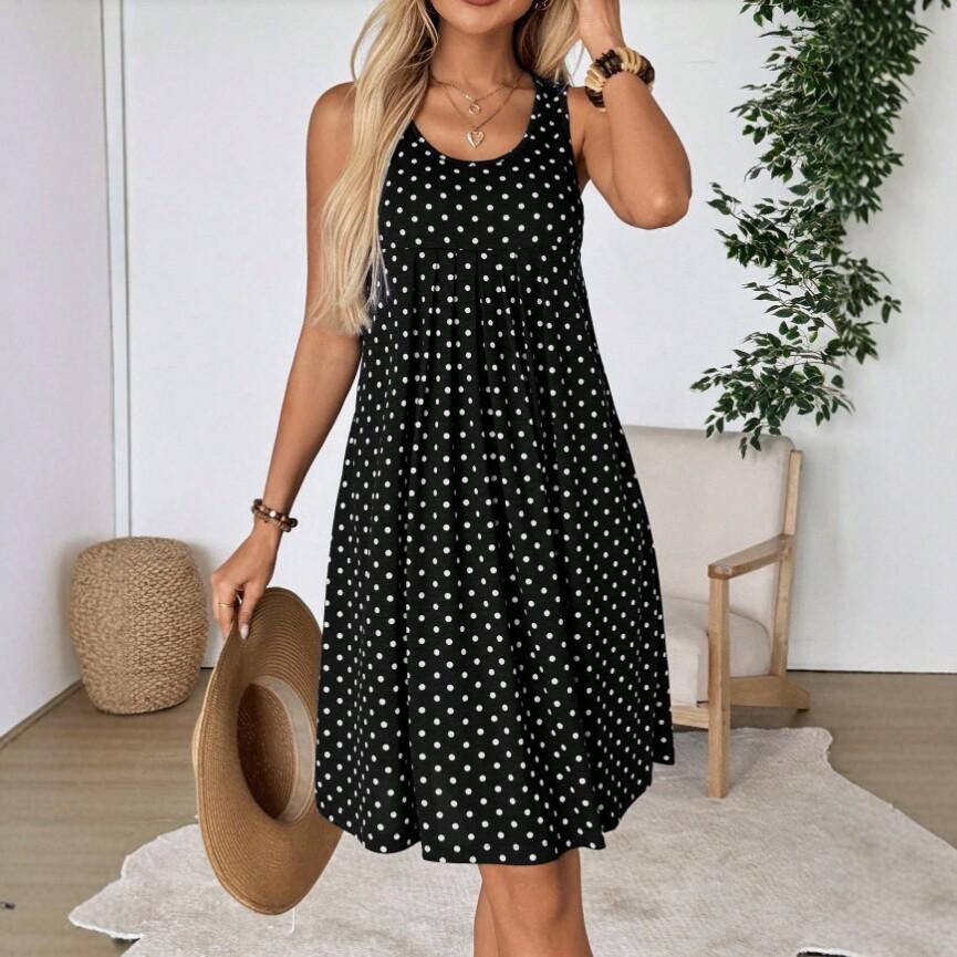 Women's Sleeveless Polka Dot Dress Round Neck Loose A-Line Casual Midi Tank Dress For Daily Beach Wear